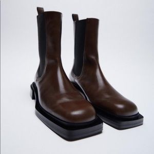 NWOT Zara Brown Leather Square-toe Ankle Boots/Booties